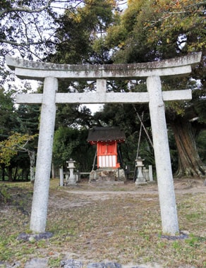 京都　大覚寺境内、大沢の池にある天神島の鳥居と祠