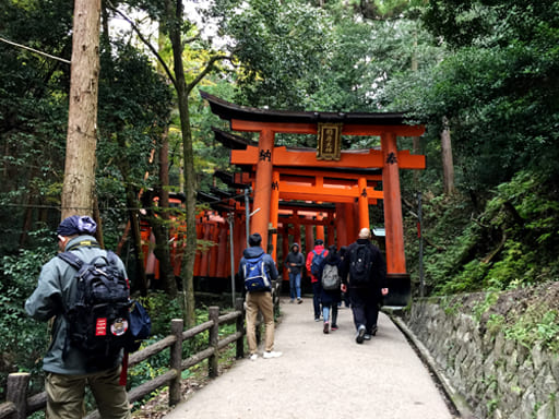 京都　伏見稲荷大社　どんどん山を登るバックパッカーの参拝者たち