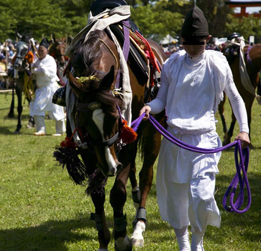 上賀茂神社の葵祭の神事・競馬（くらべうま）の曳き馬。馬は首を下げて気合い十分