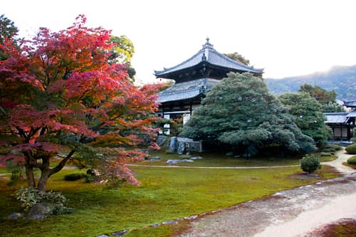 京都　鹿王院、客殿前の庭園と駄都殿（舎利殿）