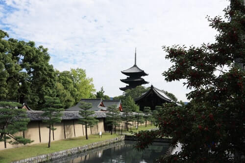 平安時代、空海が造営した京都　東寺の五重塔（遠景）、内部の特別公開あり。